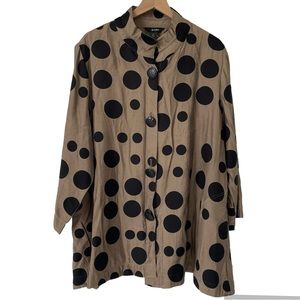 Ali Miles Lagenlook Polka Dot 3/4 Sleeve Button Blouse Top Side Pockets Tan 2X